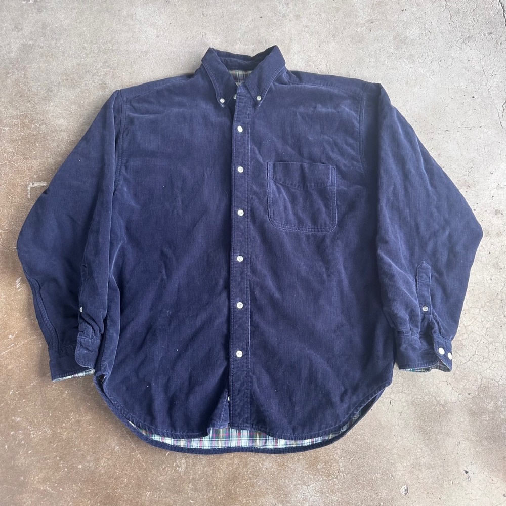 Eddie Bauer Corduroy Shirt Mens Medium Navy Blue Excellent Plaid Lined Vintage